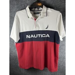 Nautica Polo Red White Blue Block Spell Out Short Sleeve Rugby Golf Men's XL